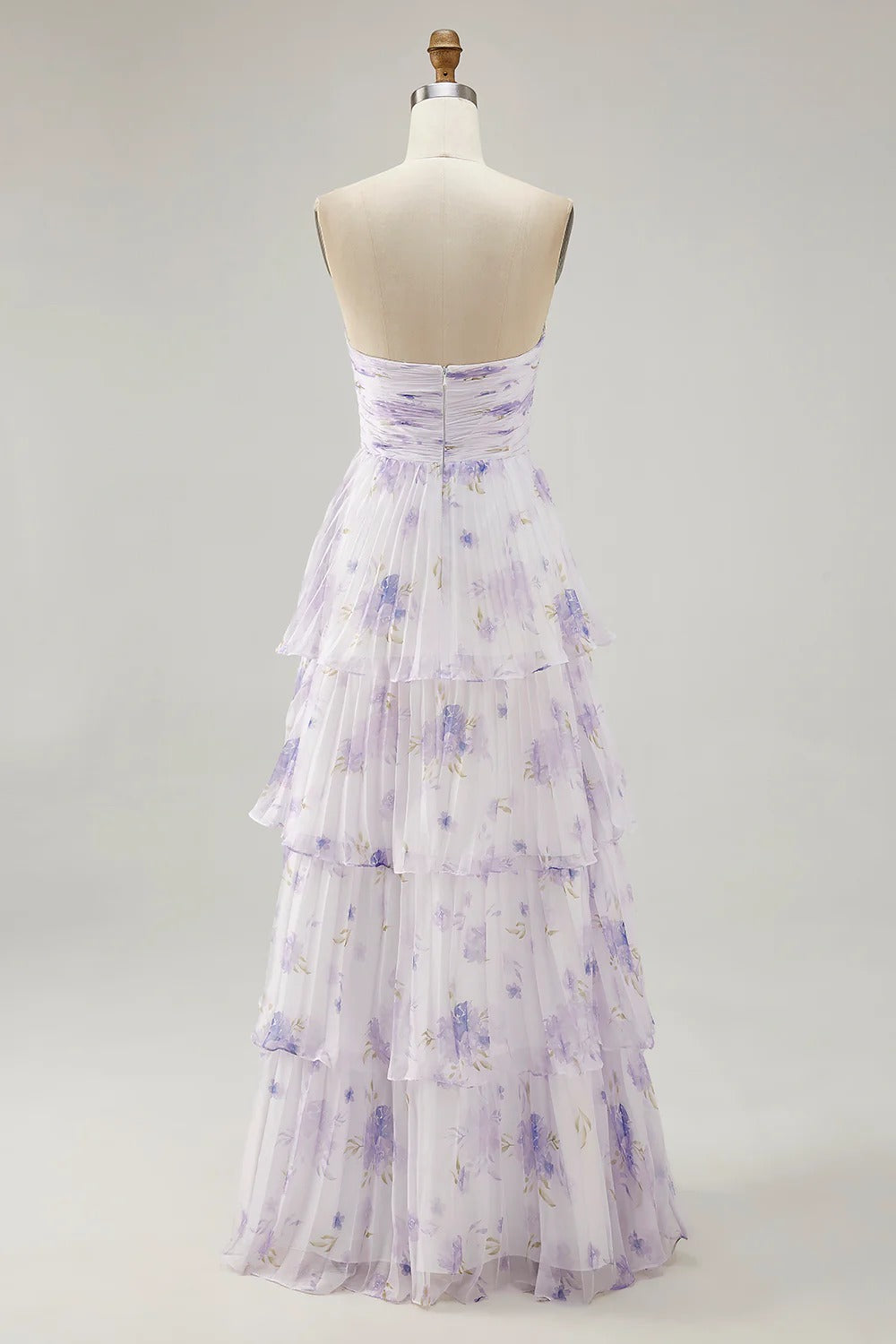 Lavender Floral Strapless Tiered Ruffled Chiffon Maxi Dress