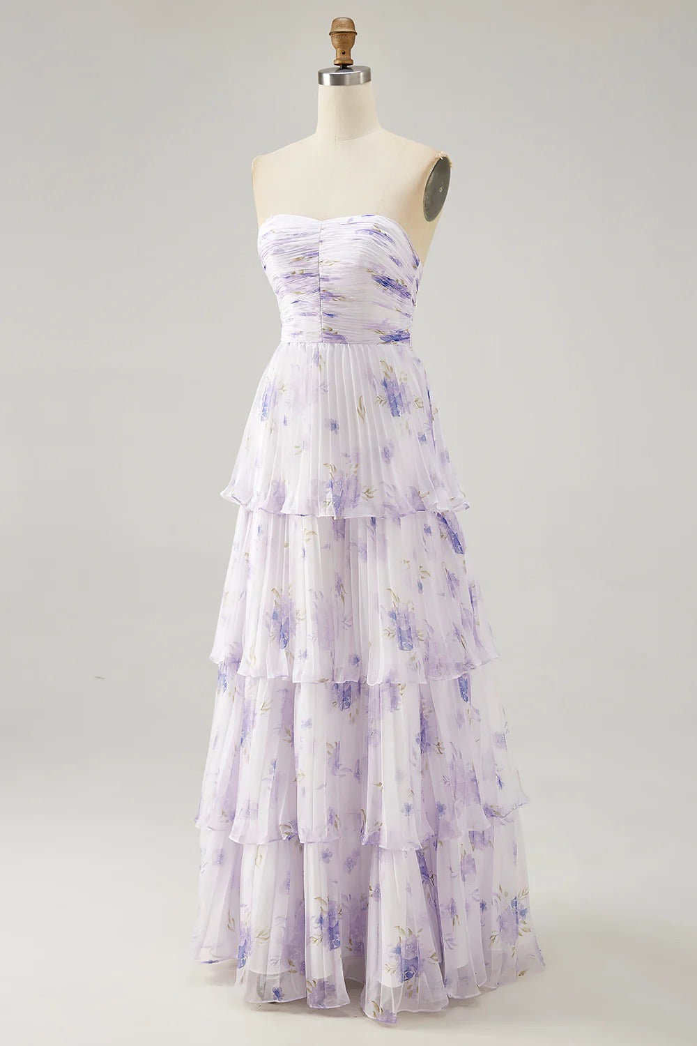 Lavender Floral Strapless Tiered Ruffled Chiffon Maxi Dress