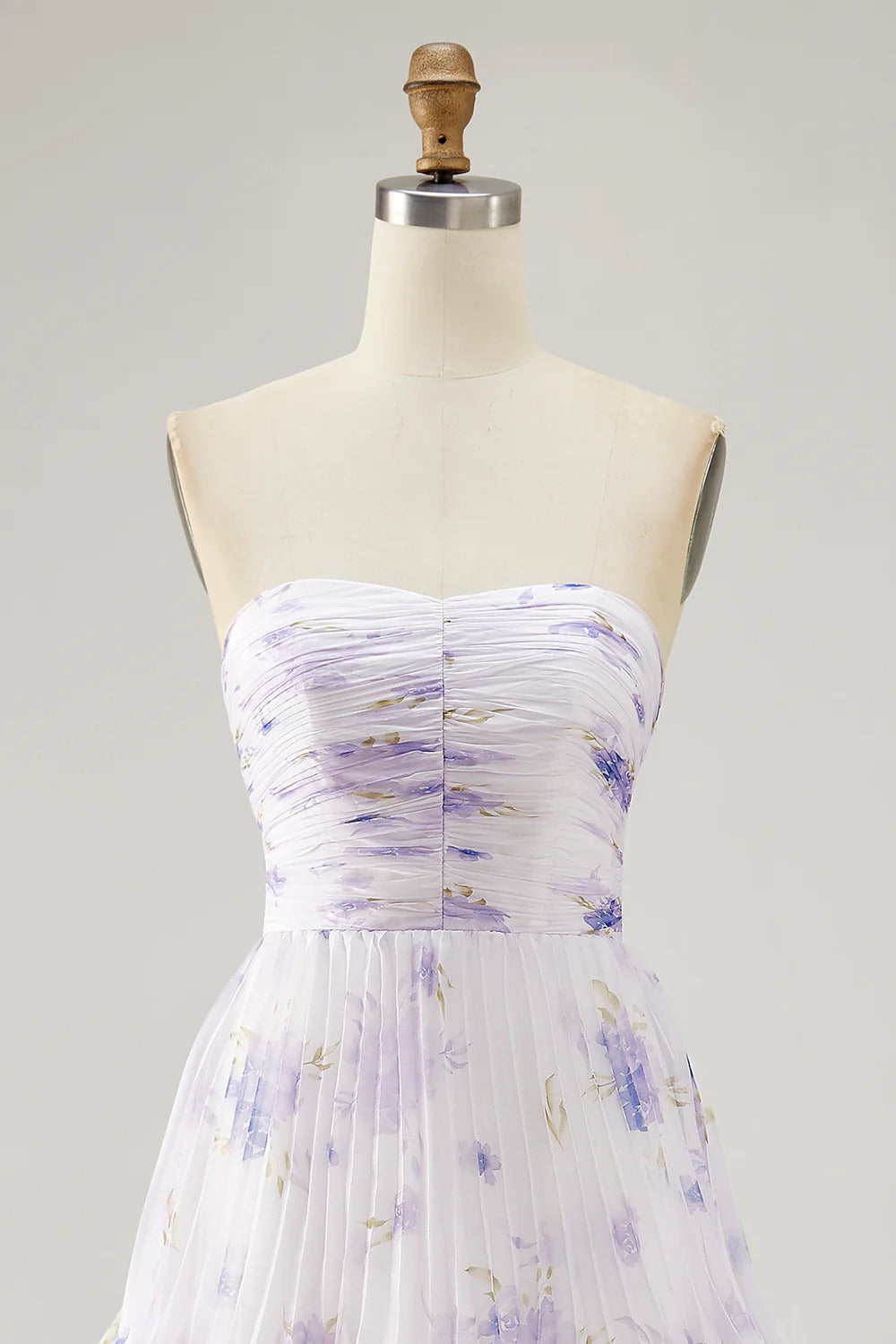 Lavender Floral Strapless Tiered Ruffled Chiffon Maxi Dress