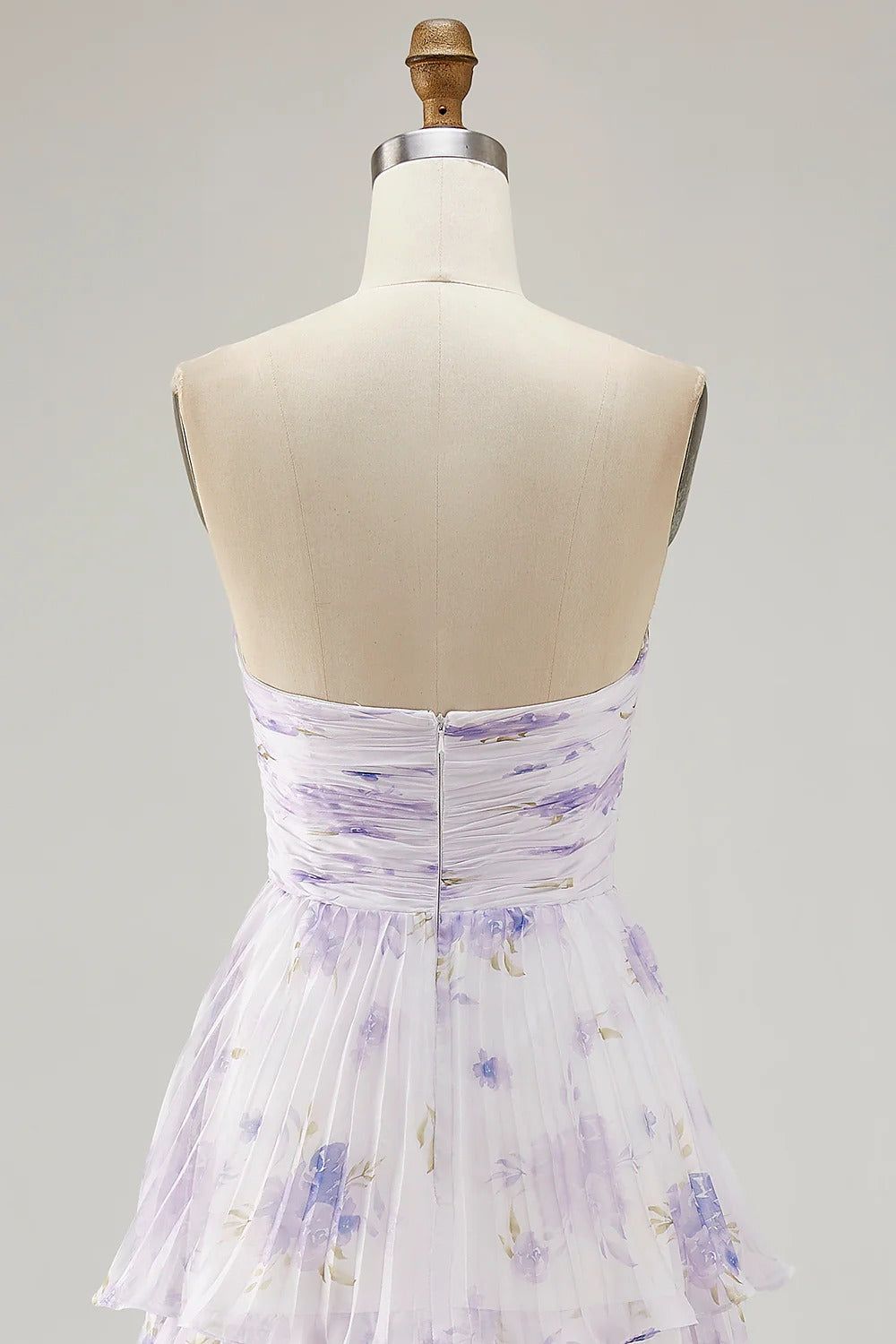 Lavender Floral Strapless Tiered Ruffled Chiffon Maxi Dress