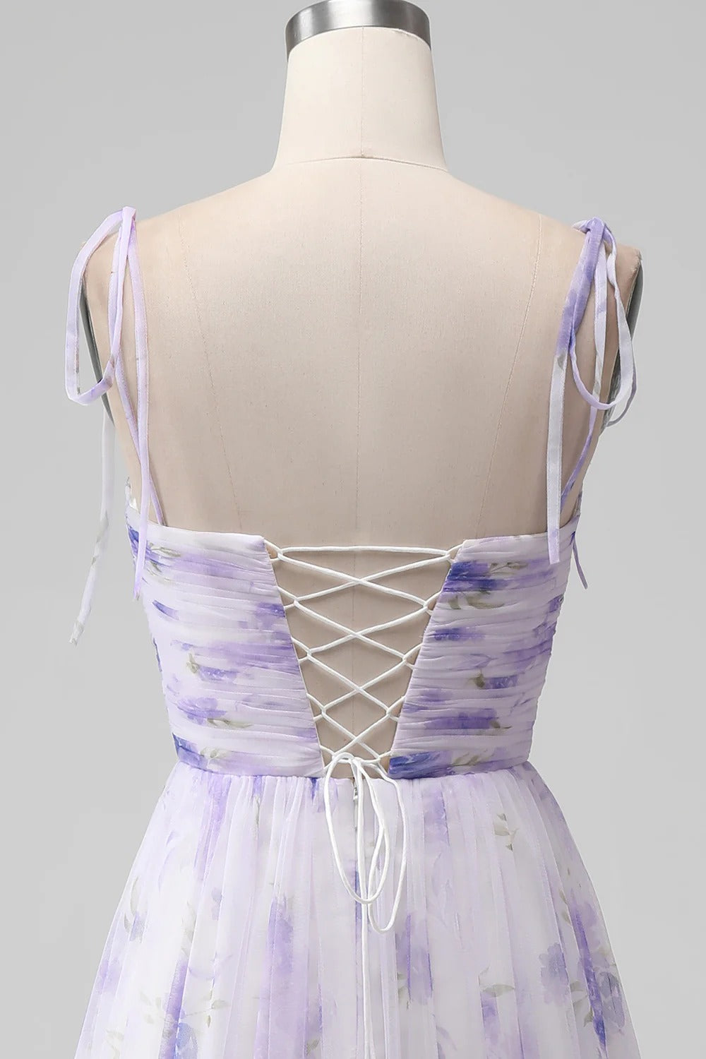 Lavender Floral Tie-Shoulder Tulle Maxi Dress with Lace-Up Back and Slit