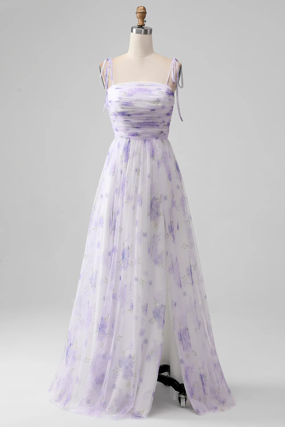 Lavender Floral Tie-Shoulder Tulle Maxi Dress with Lace-Up Back and Slit
