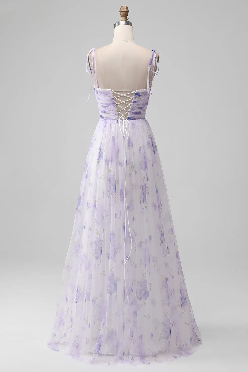 Lavender Floral Tie-Shoulder Tulle Maxi Dress with Lace-Up Back and Slit