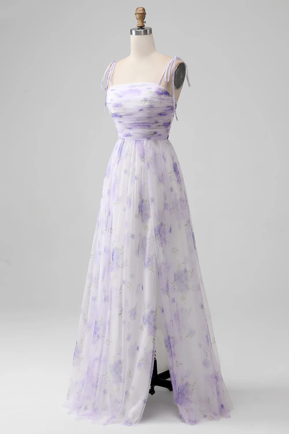 Lavender Floral Tie-Shoulder Tulle Maxi Dress with Lace-Up Back and Slit