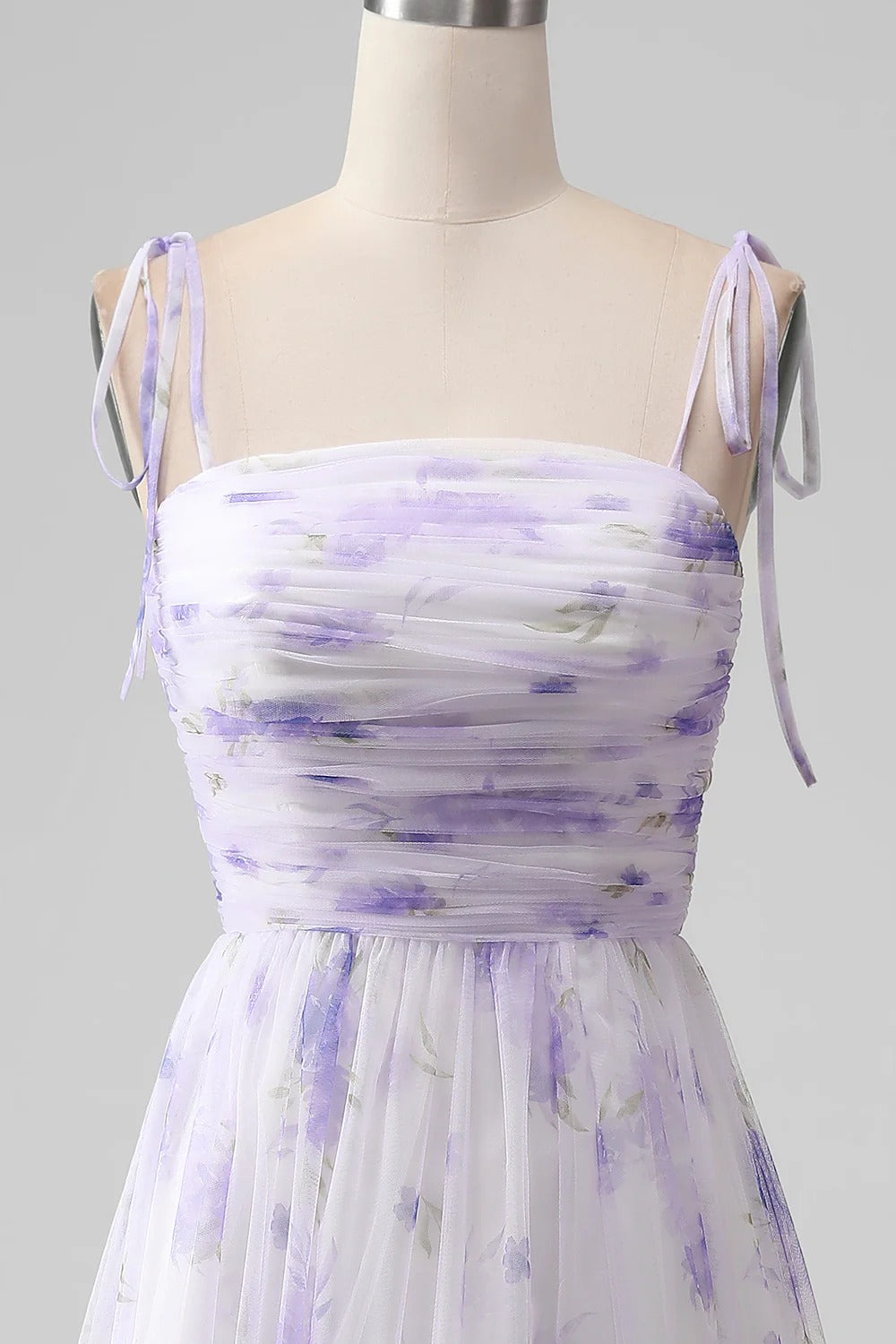 Lavender Floral Tie-Shoulder Tulle Maxi Dress with Lace-Up Back and Slit