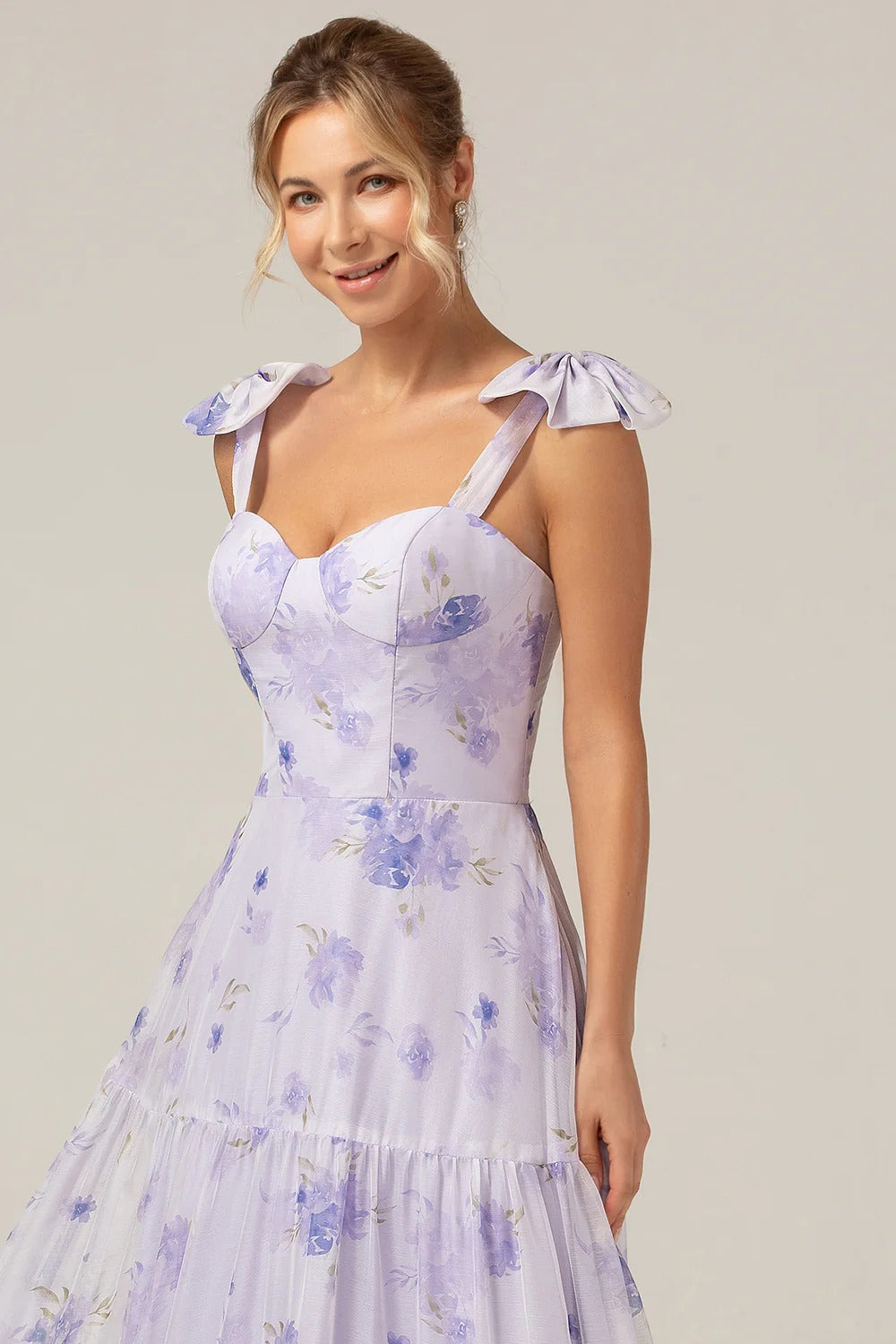 Lavender Floral Tiered Chiffon Bow Shoulder Maxi Dress with Lace-Up Back