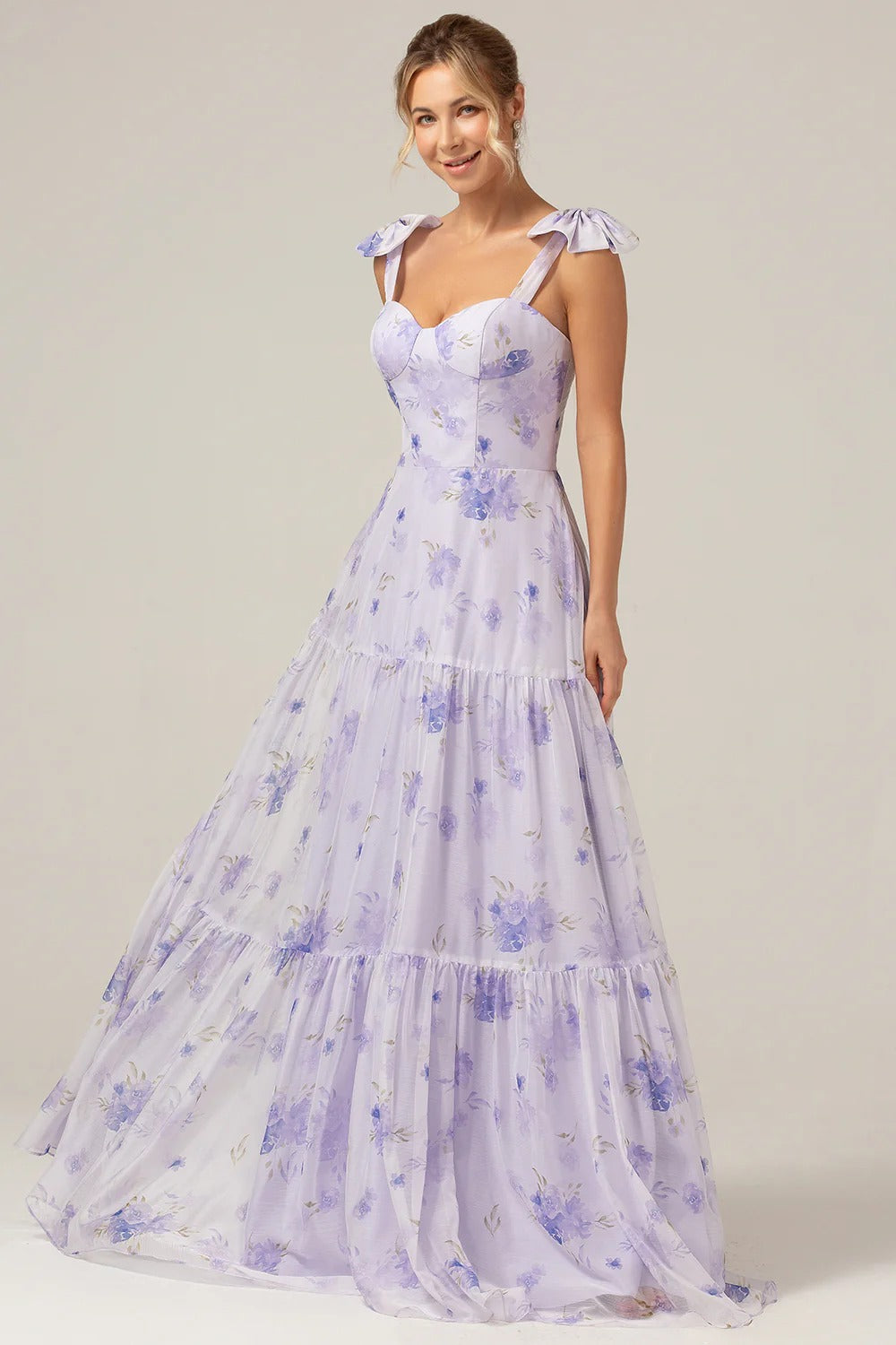 Lavender Floral Tiered Chiffon Bow Shoulder Maxi Dress with Lace-Up Back
