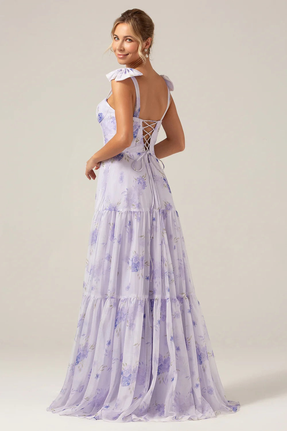 Lavender Floral Tiered Chiffon Bow Shoulder Maxi Dress with Lace-Up Back