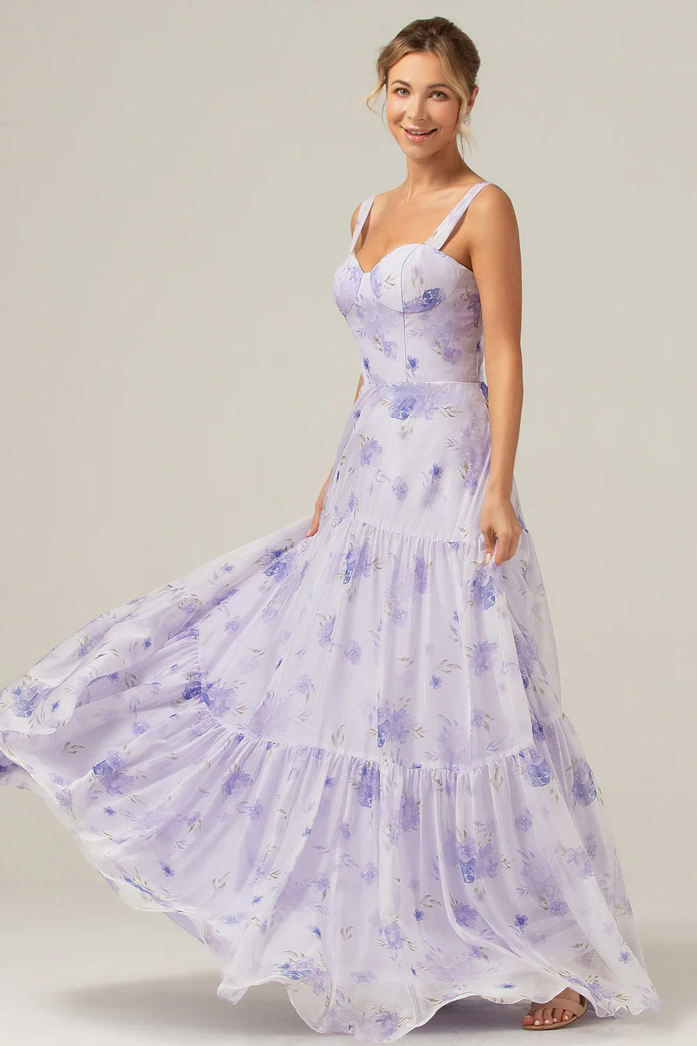 Lavender Floral Tiered Chiffon Bow Shoulder Maxi Dress with Lace-Up Back