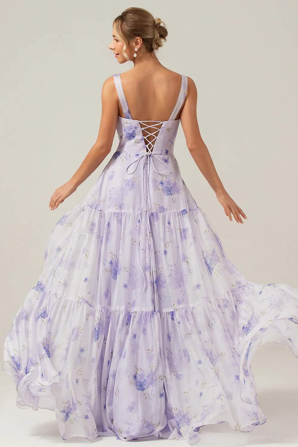 Lavender Floral Tiered Chiffon Bow Shoulder Maxi Dress with Lace-Up Back