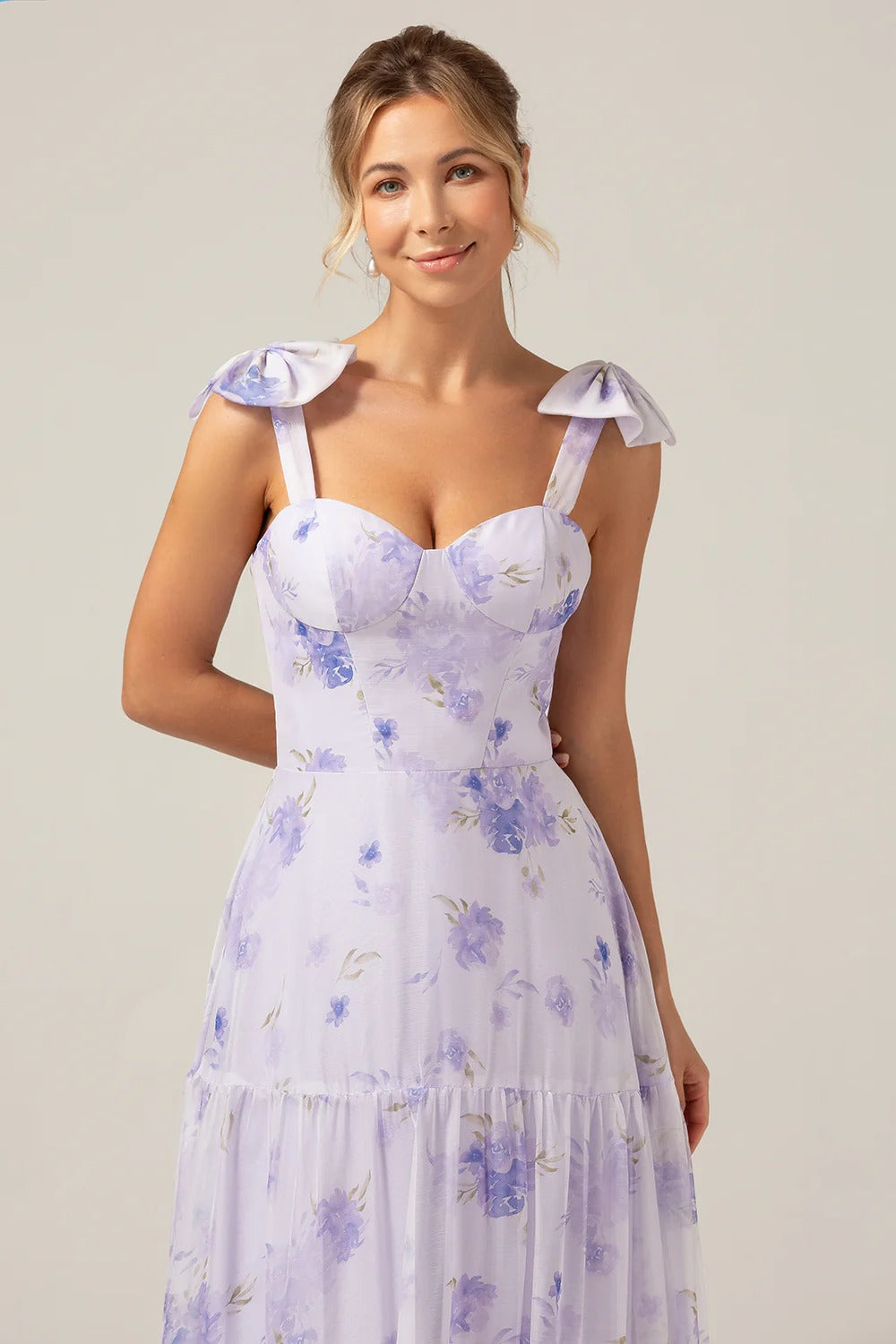 Lavender Floral Tiered Chiffon Bow Shoulder Maxi Dress with Lace-Up Back