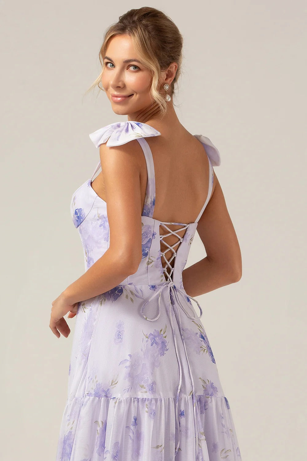 Lavender Floral Tiered Chiffon Bow Shoulder Maxi Dress with Lace-Up Back