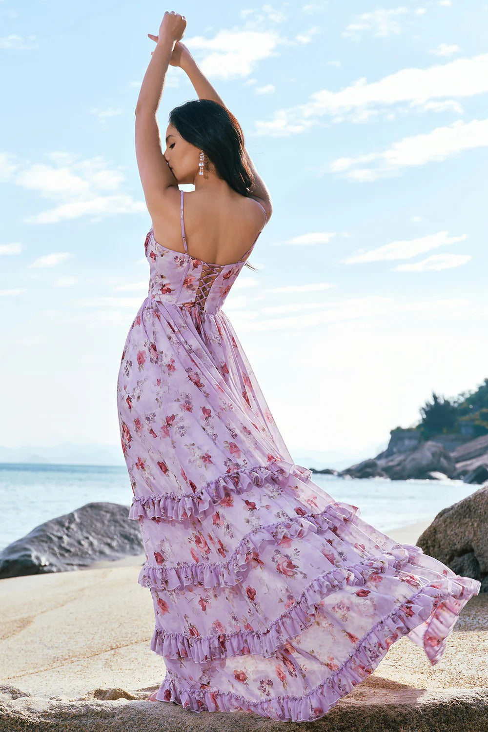 Lavender Floral Tiered Ruffle Maxi Dress with Lace-Up Corset Back