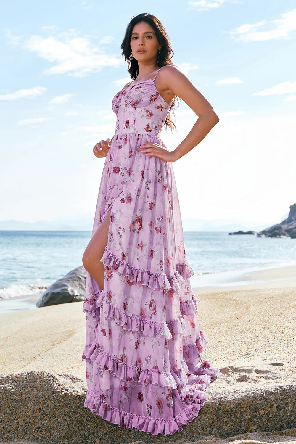 Lavender Floral Tiered Ruffle Maxi Dress with Lace-Up Corset Back