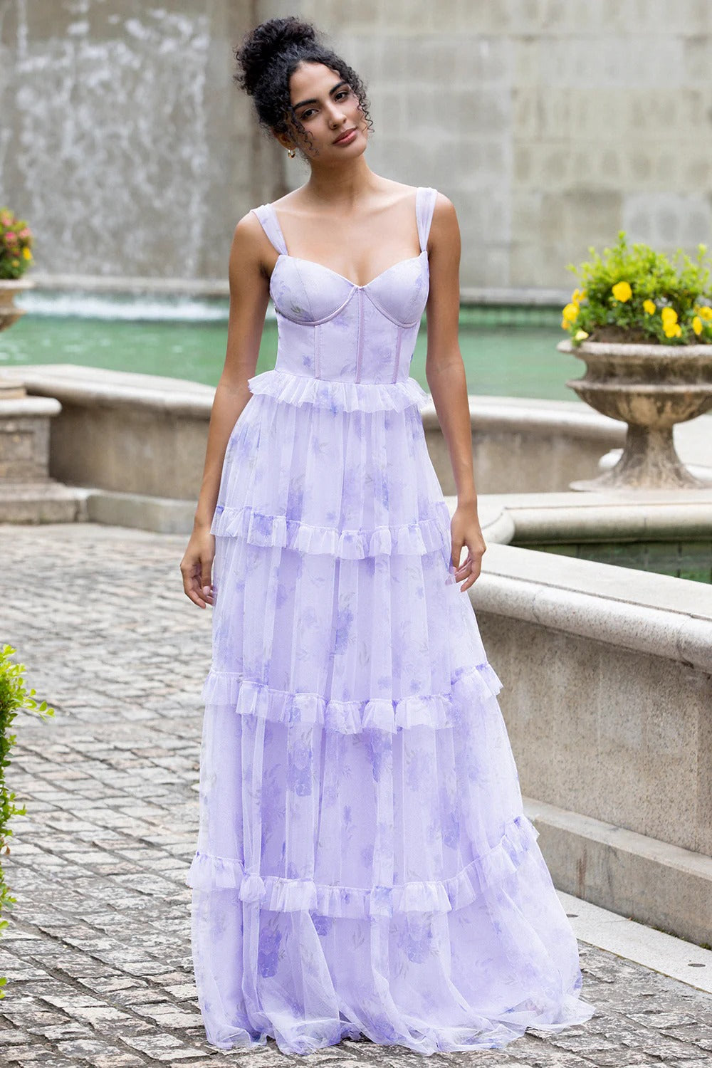 Lavender Floral Tulle Tiered Maxi Dress with Bustier Bodice