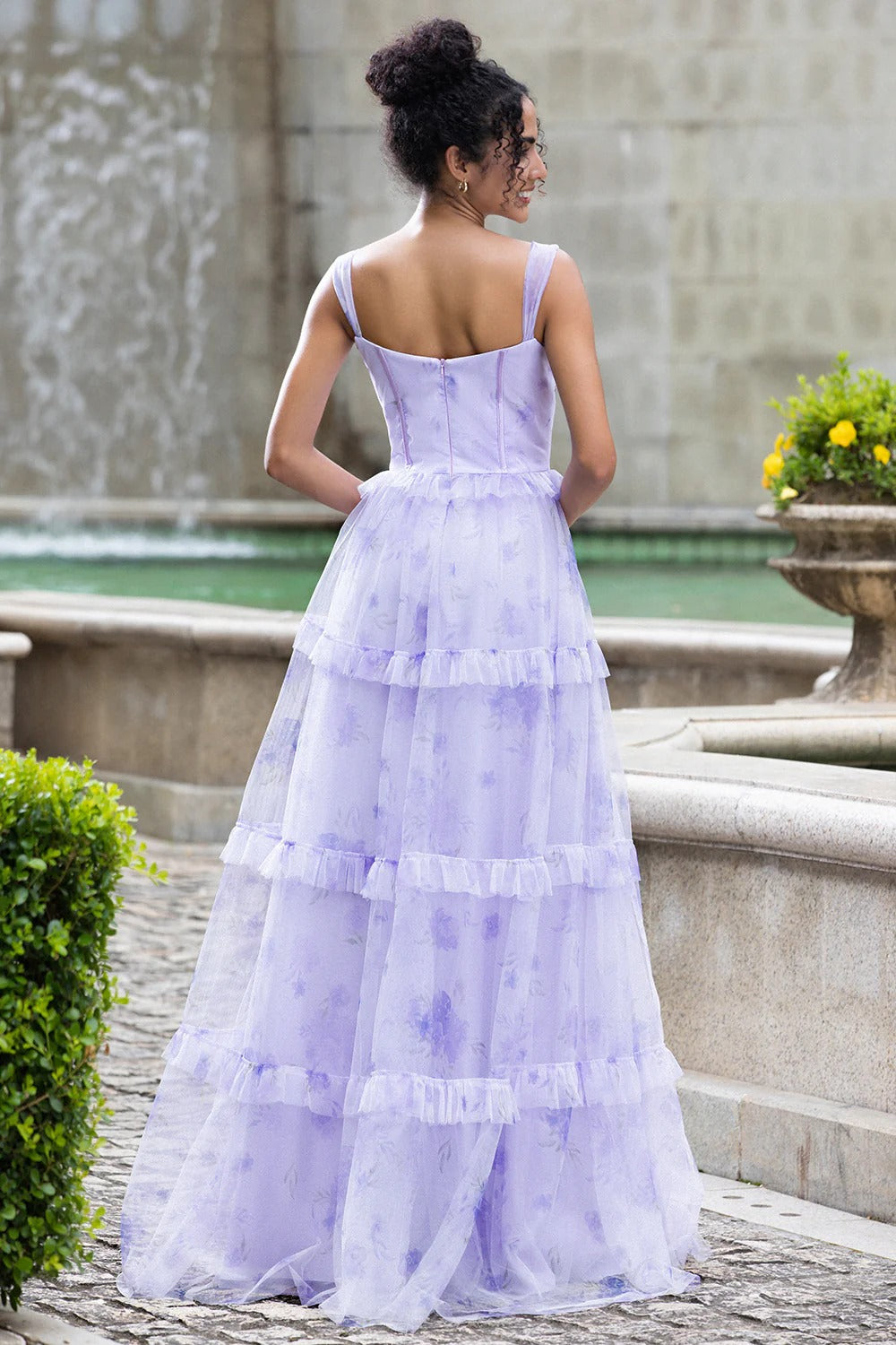 Lavender Floral Tulle Tiered Maxi Dress with Bustier Bodice