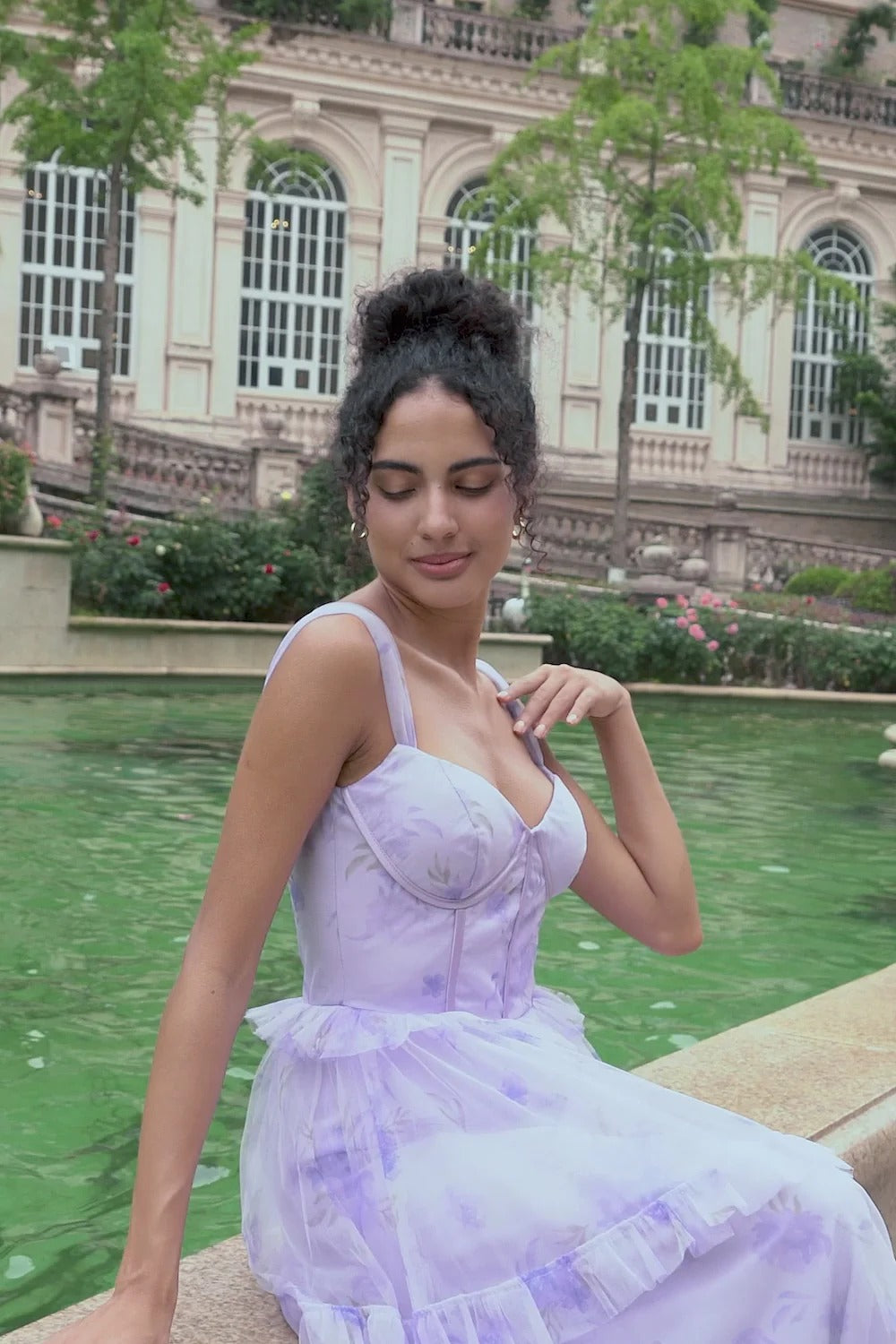 Lavender Floral Tulle Tiered Maxi Dress with Bustier Bodice