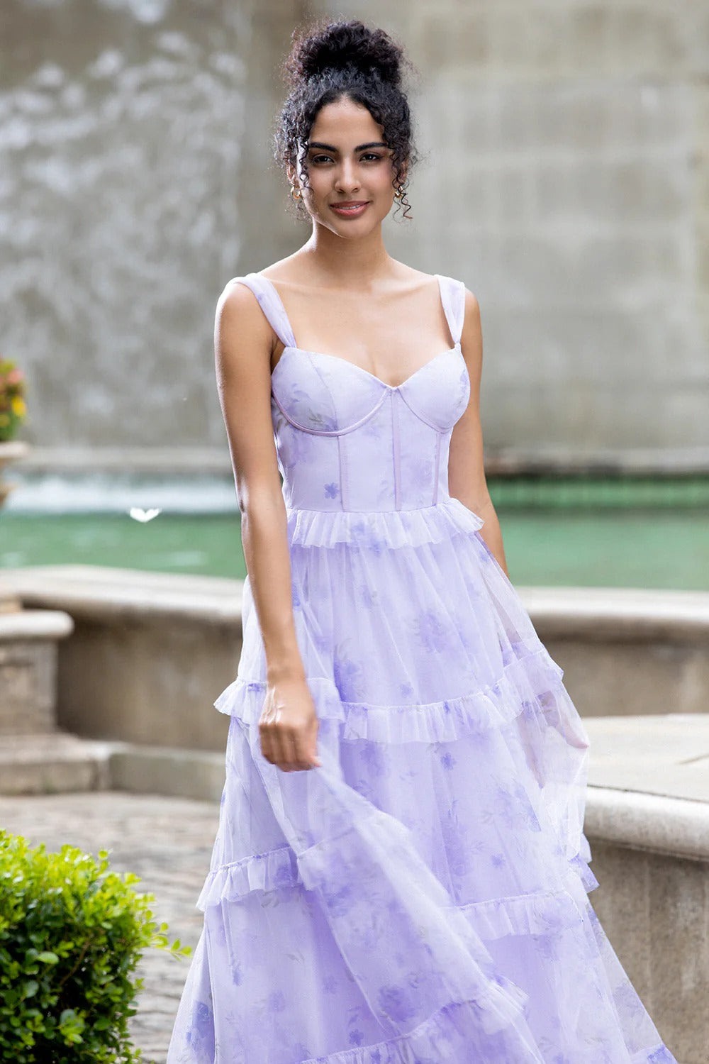 Lavender Floral Tulle Tiered Maxi Dress with Bustier Bodice