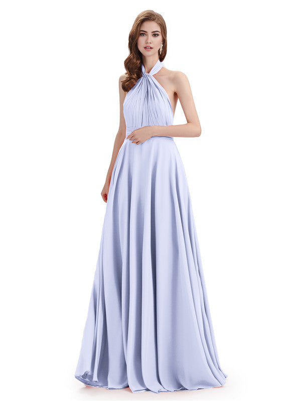 Simple A-Line High Neck Halter Sleeveless Pleats Chiffon Floor Length Bridesmaid Dresses