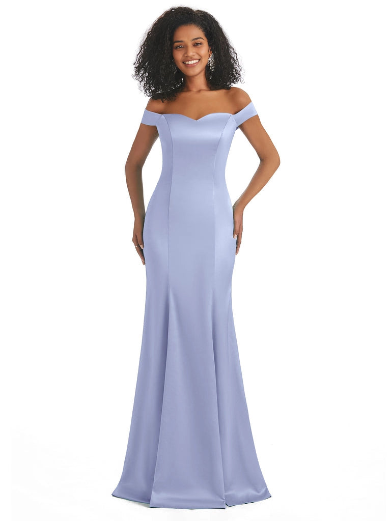 Vestidos de dama de honor largos, sencillos, de satén suave, sin mangas y con hombros descubiertos, de corte sirena