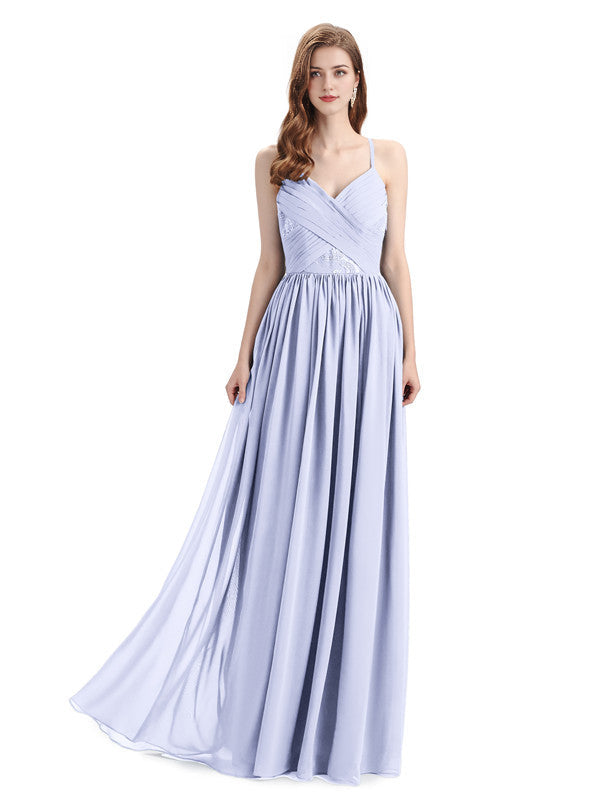 Dusty Blue Draped V-Neck Chiffon Bridesmaid Dress