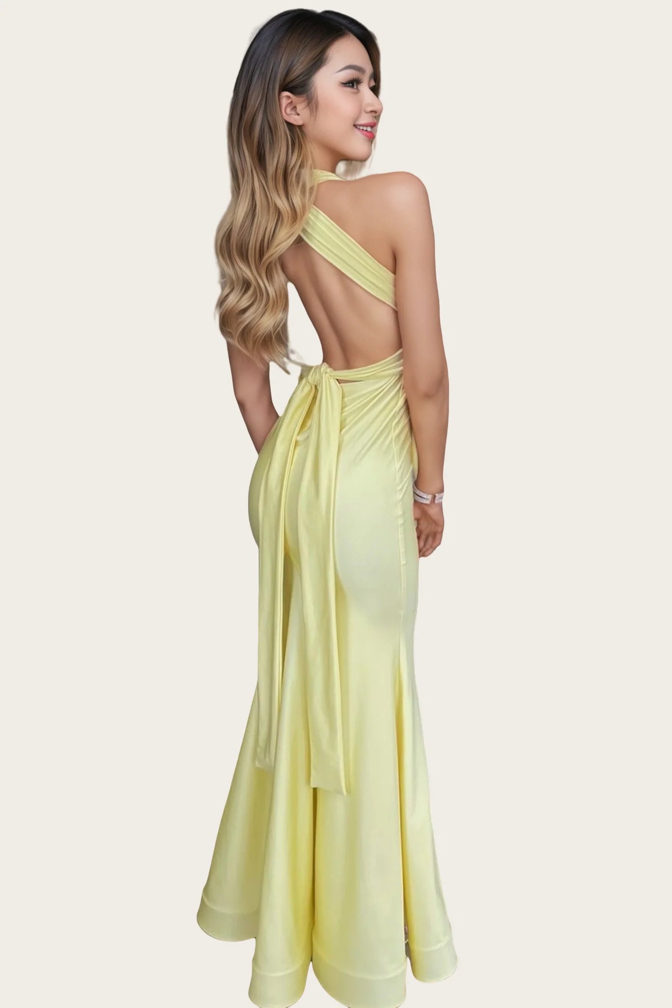 Lemon Satin Yellow Halter Prom Dress with Open Back and Tie-Waist Detail