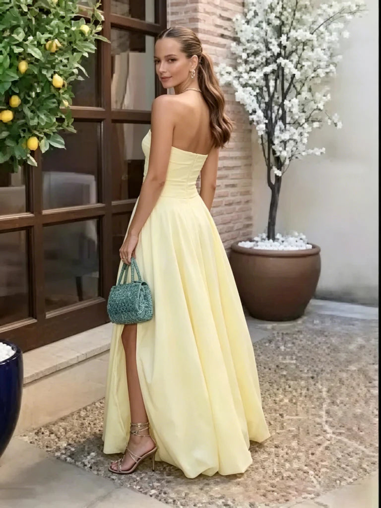 Butter Satin A-Line Floor-Length Evening Dress - Ruched Bodice & High Slit