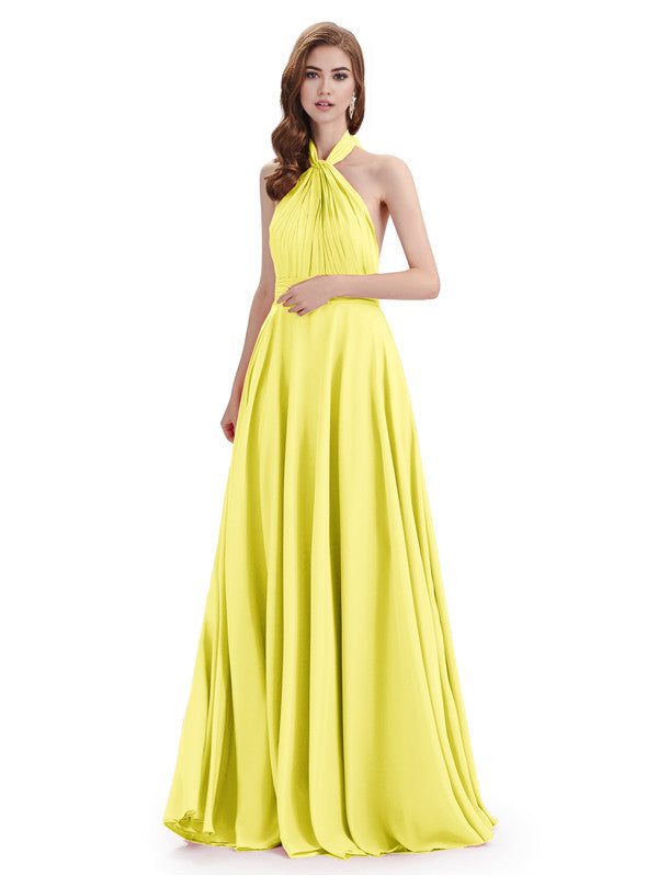 Simple A-Line High Neck Halter Sleeveless Pleats Chiffon Floor Length Bridesmaid Dresses