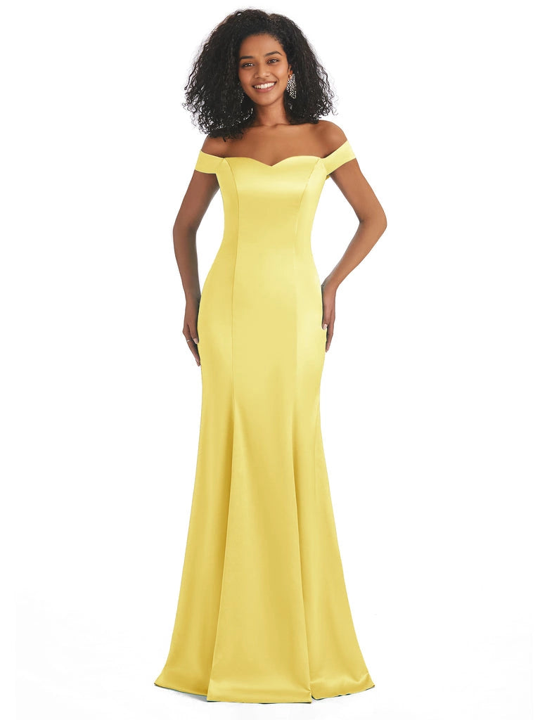 Vestidos de dama de honor largos, sencillos, de satén suave, sin mangas y con hombros descubiertos, de corte sirena