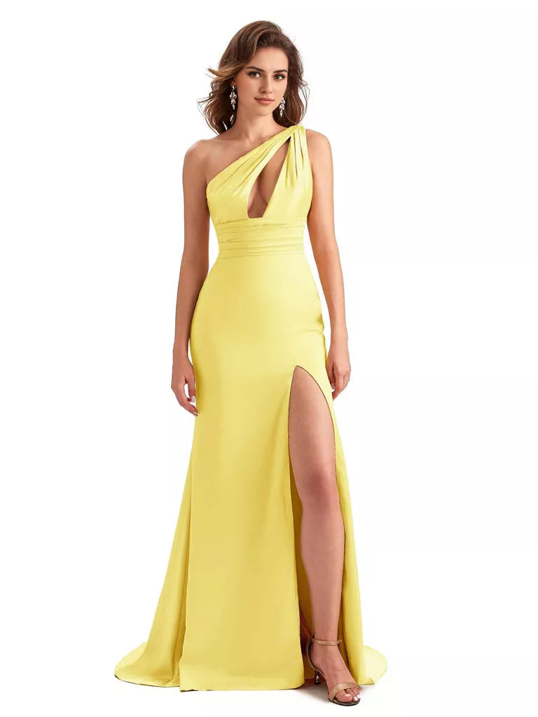 Vestido de dama de honor largo, único, sin mangas, de satén sedoso, con abertura lateral y sirena, sexy, de un solo hombro