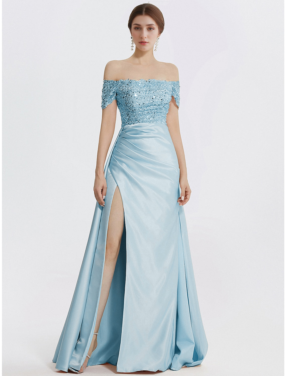 Sheath Column Evening Gown Elegant Dress Formal Floor Length Short Sleeve Off Shoulder Sequined with Glitter Pleats Slit