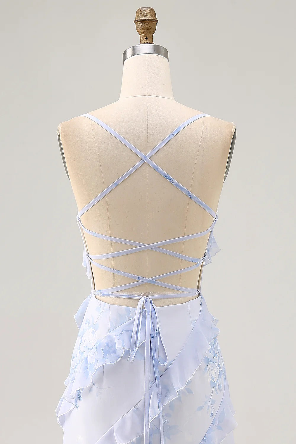 Light Blue Floral Cascading Ruffle Chiffon Maxi Dress with Lace-Up Back