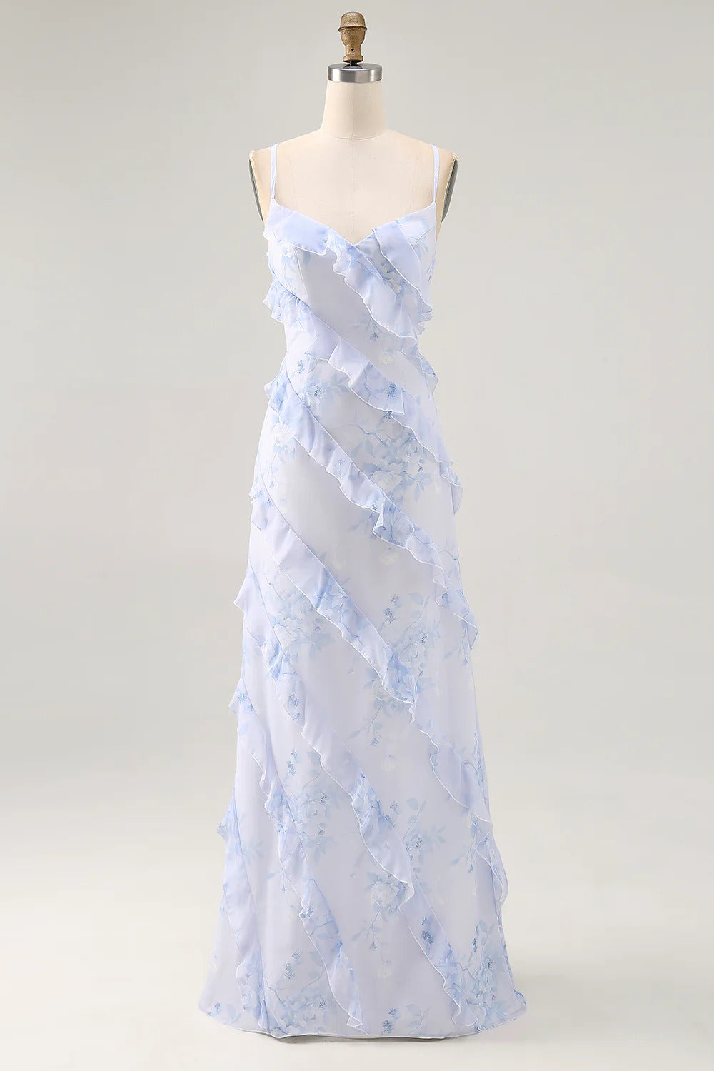 Light Blue Floral Cascading Ruffle Chiffon Maxi Dress with Lace-Up Back