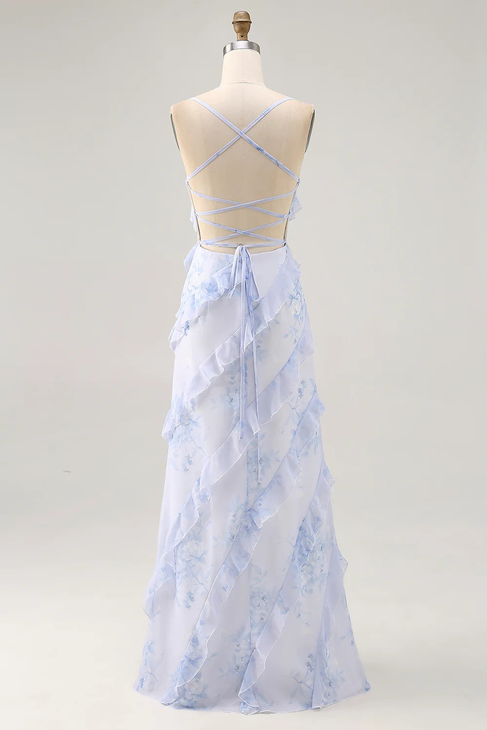 Light Blue Floral Cascading Ruffle Chiffon Maxi Dress with Lace-Up Back