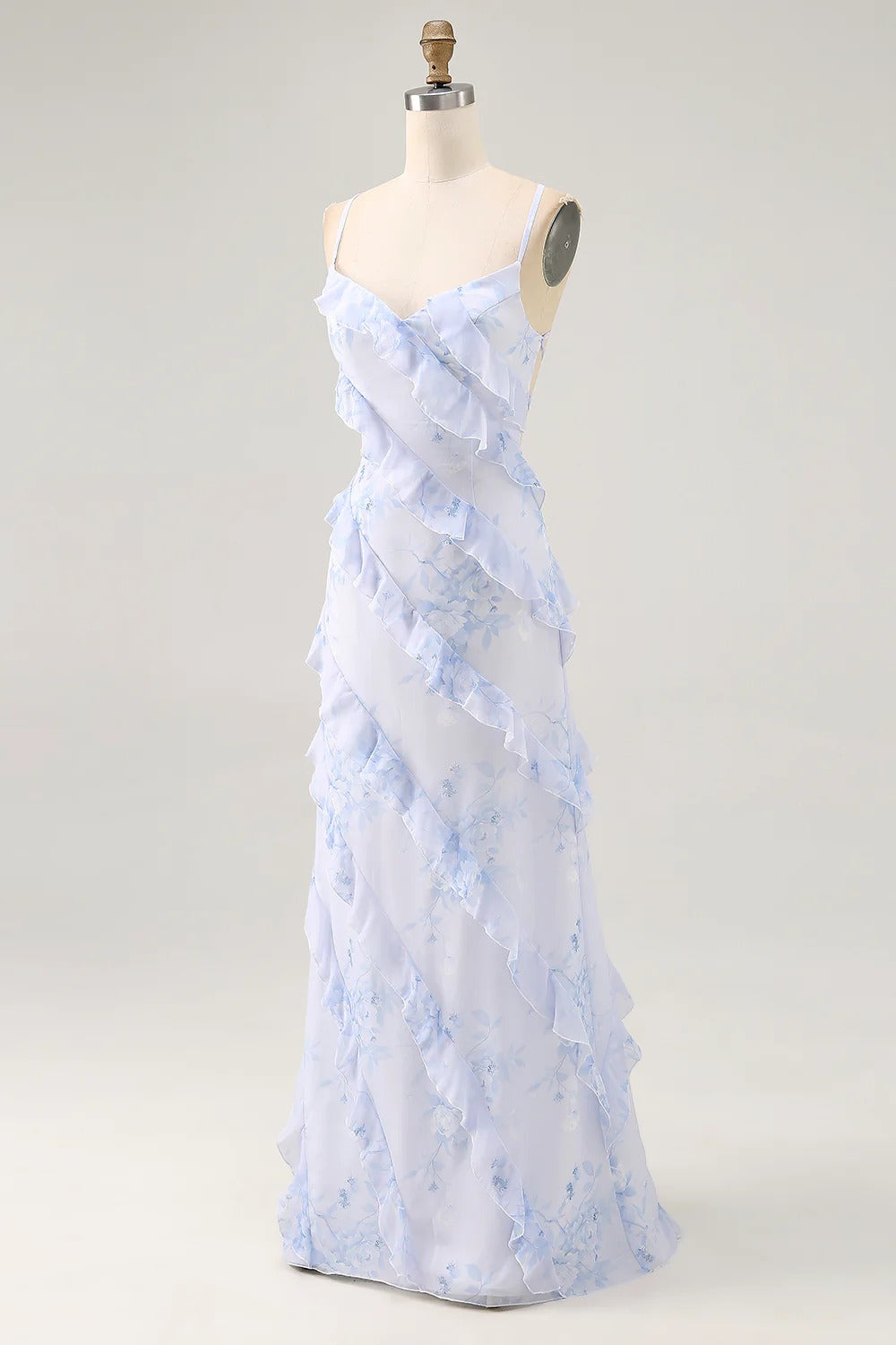 Light Blue Floral Cascading Ruffle Chiffon Maxi Dress with Lace-Up Back