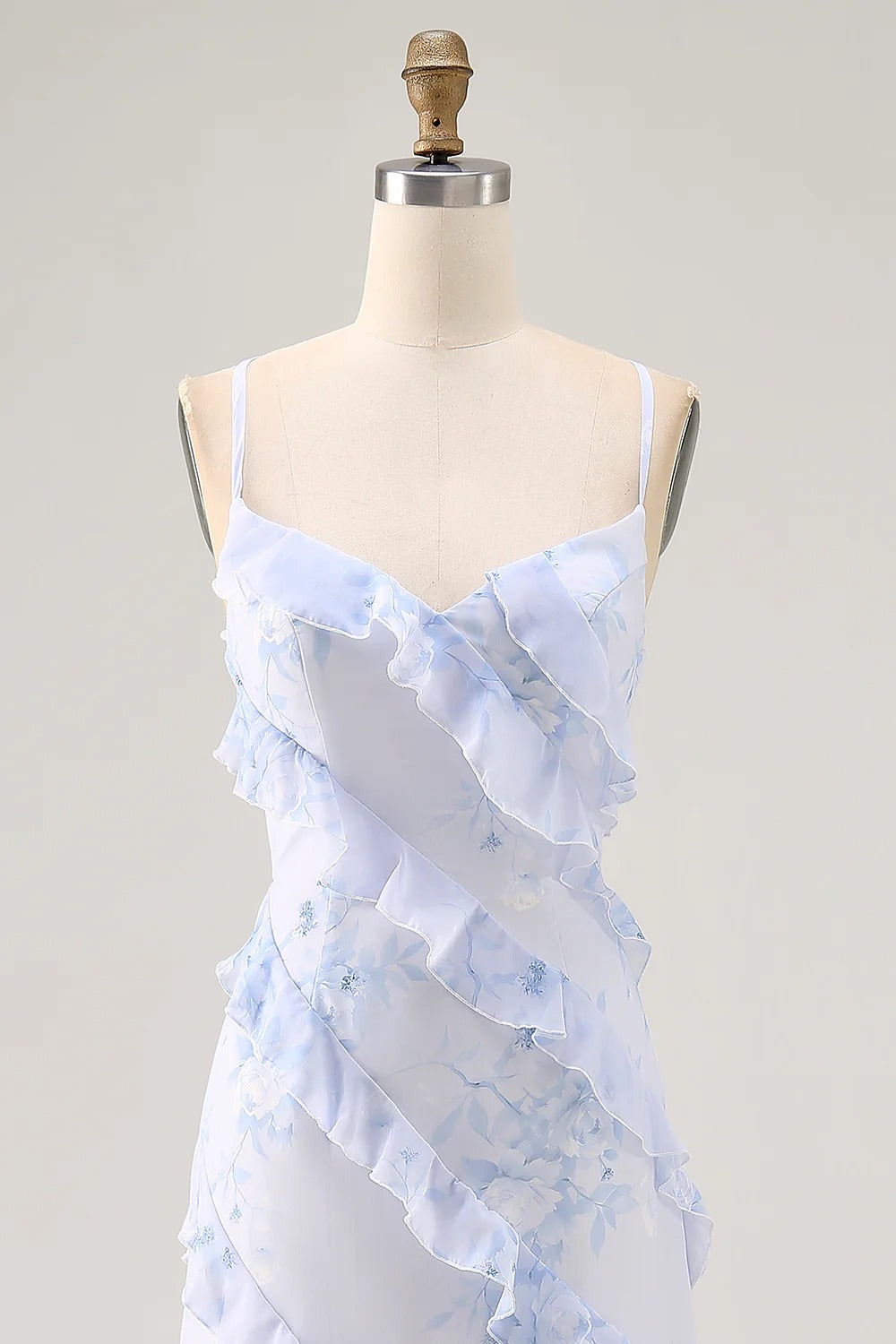 Light Blue Floral Cascading Ruffle Chiffon Maxi Dress with Lace-Up Back