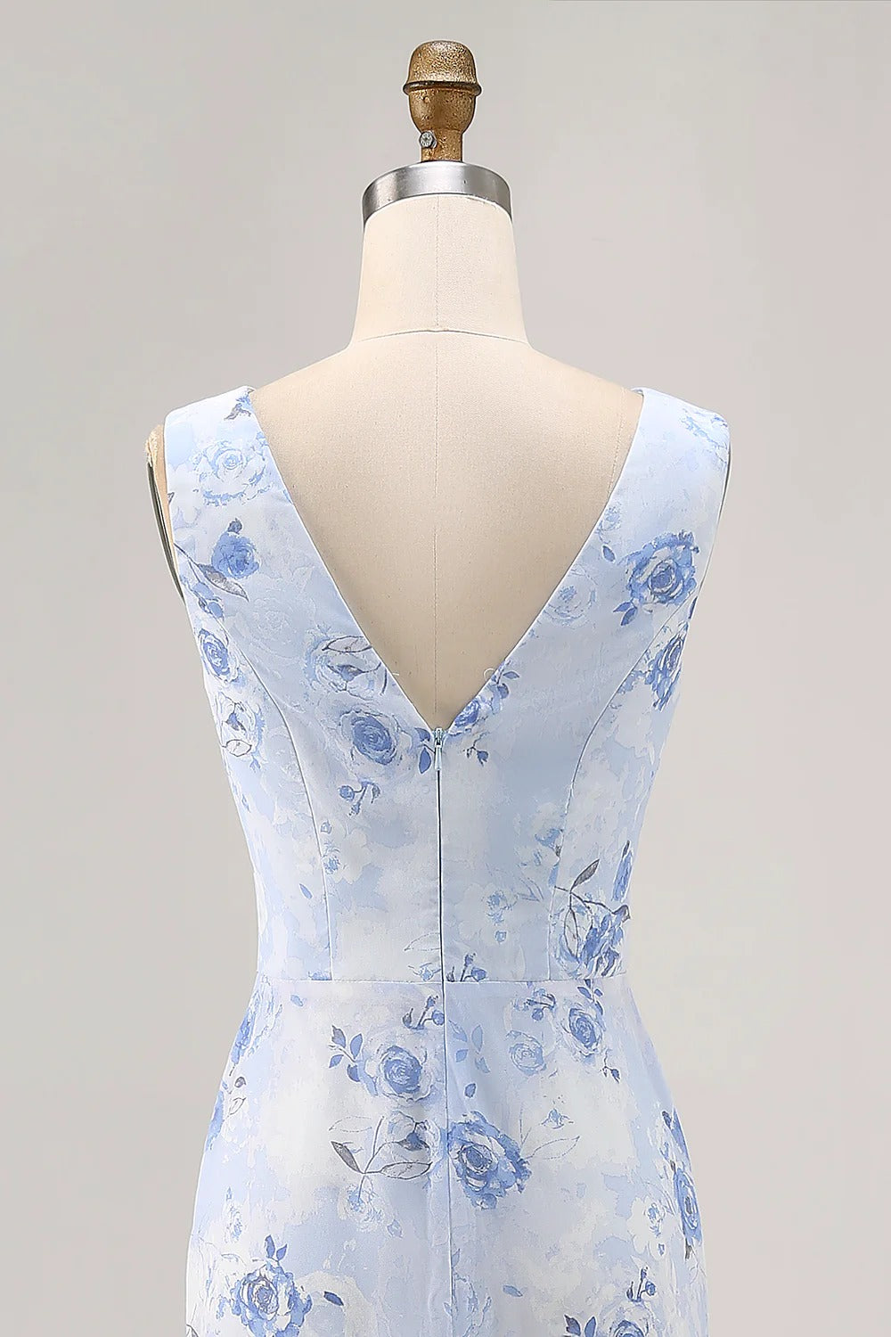 Light Blue Floral Cowl Neck Chiffon Maxi Dress with V-Back