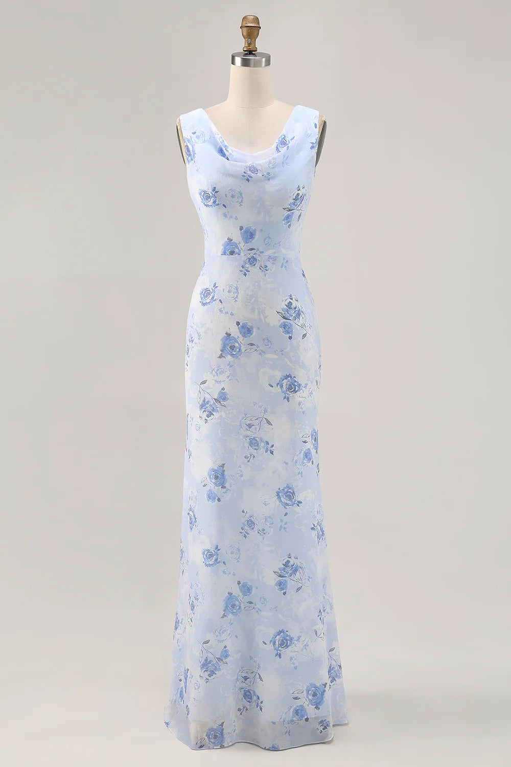 Light Blue Floral Cowl Neck Chiffon Maxi Dress with V-Back