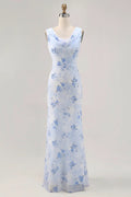 Sky Blue Chiffon Sheath/column Floor-Length Cowl Neck Bridesmaid Dress