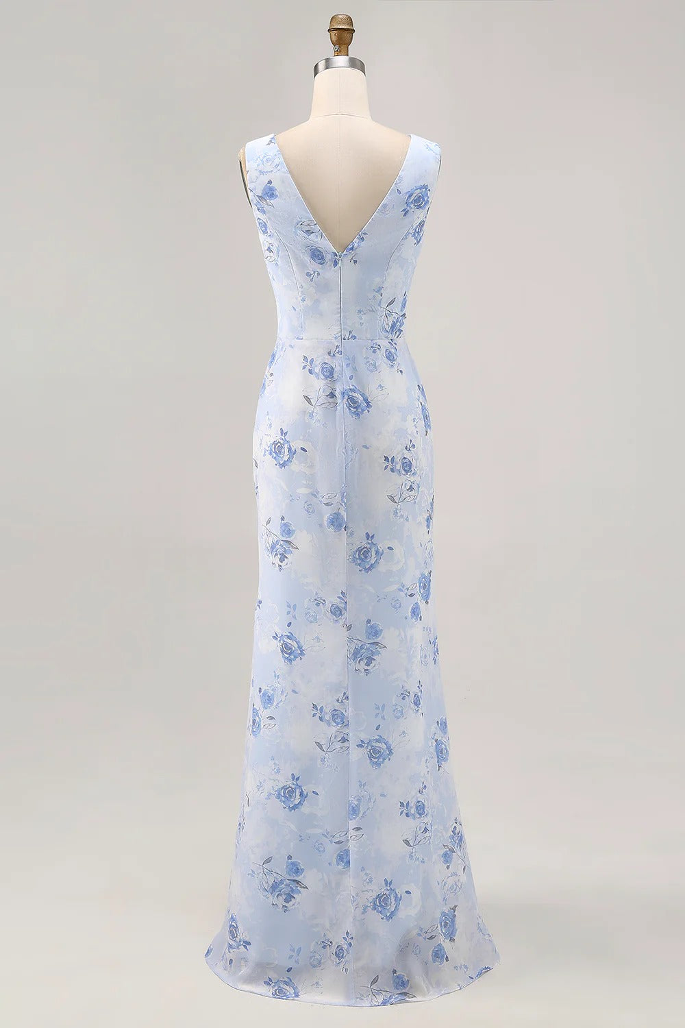 Light Blue Floral Cowl Neck Chiffon Maxi Dress with V-Back