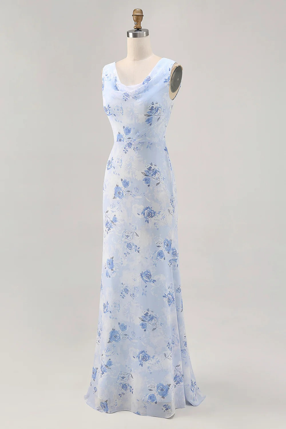 Light Blue Floral Cowl Neck Chiffon Maxi Dress with V-Back