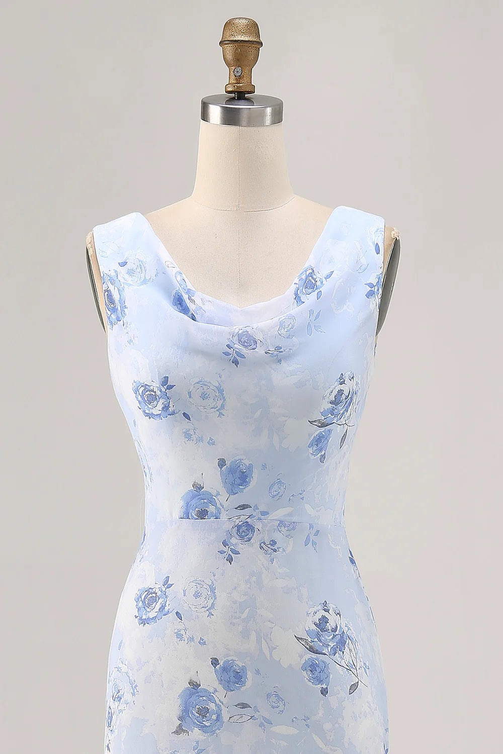 Light Blue Floral Cowl Neck Chiffon Maxi Dress with V-Back