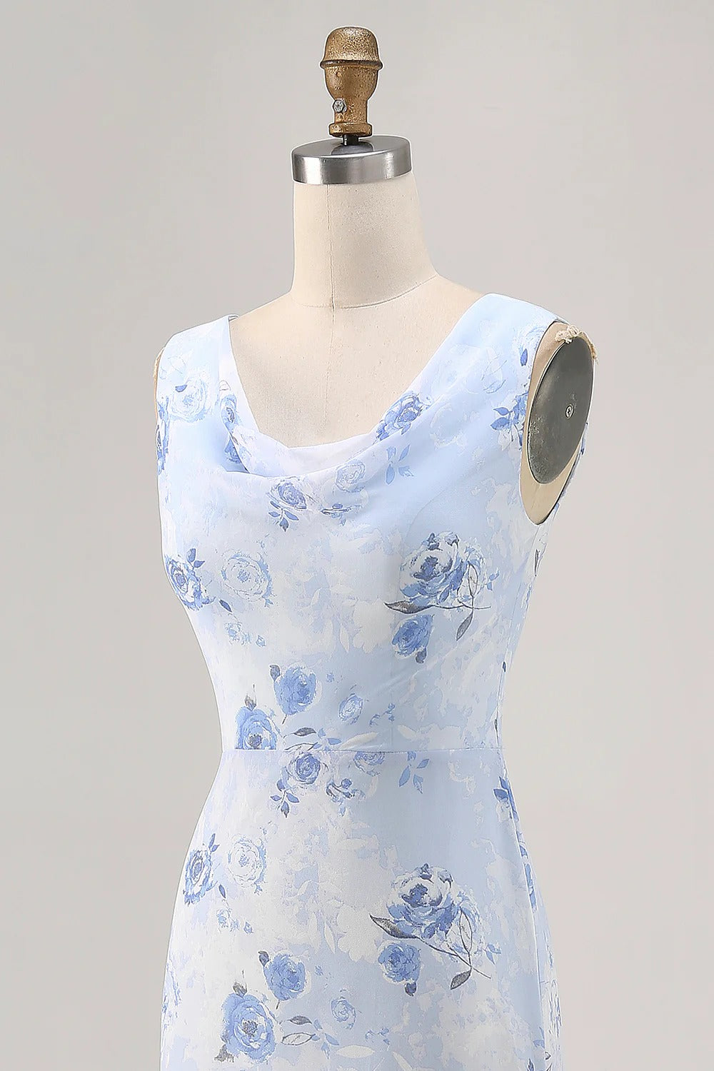 Light Blue Floral Cowl Neck Chiffon Maxi Dress with V-Back