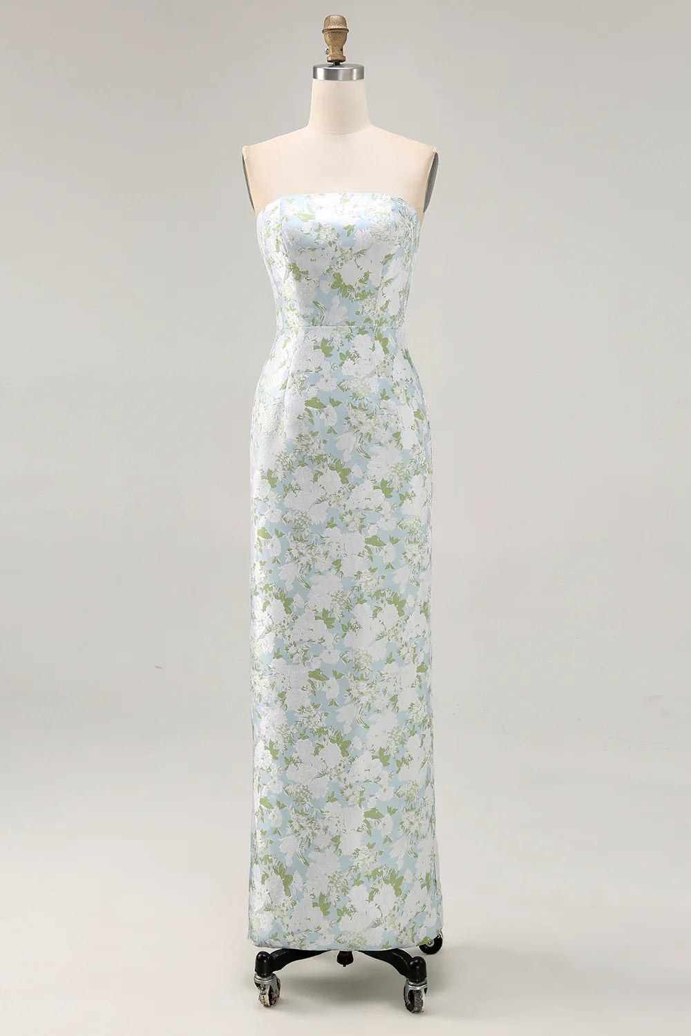 Light Blue Floral Jacquard Strapless Maxi Dress with Back Slit