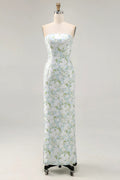 Sky Blue Satin Sheath/column Floor-Length Evening Dress with Floral Jacquard Strapless Neck