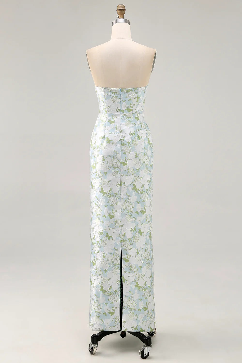 Light Blue Floral Jacquard Strapless Maxi Dress with Back Slit