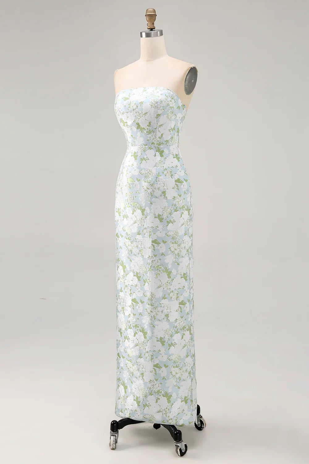 Light Blue Floral Jacquard Strapless Maxi Dress with Back Slit