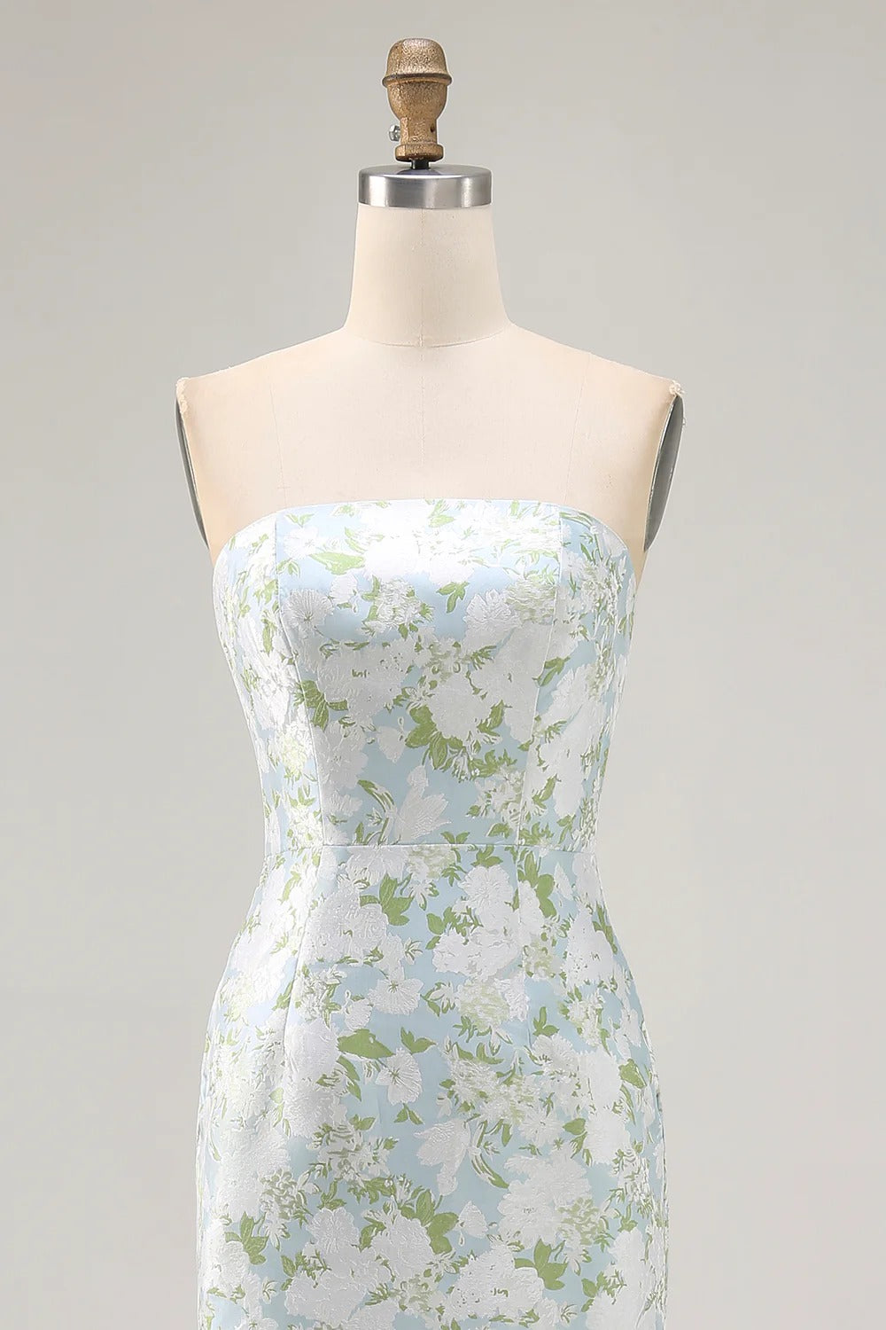 Light Blue Floral Jacquard Strapless Maxi Dress with Back Slit