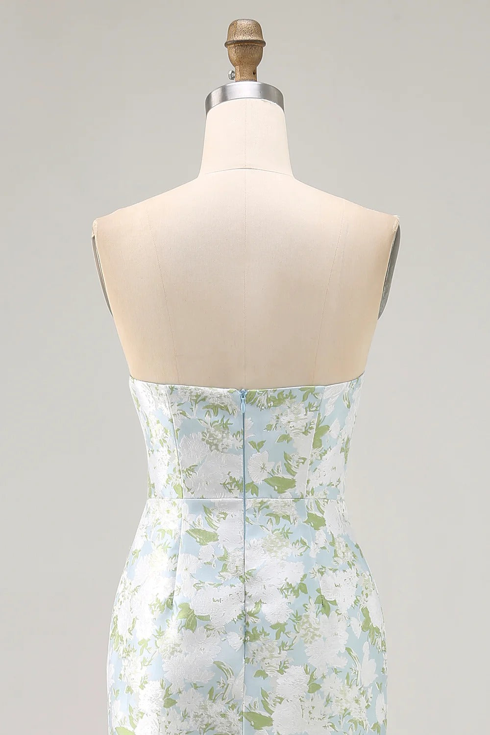 Light Blue Floral Jacquard Strapless Maxi Dress with Back Slit