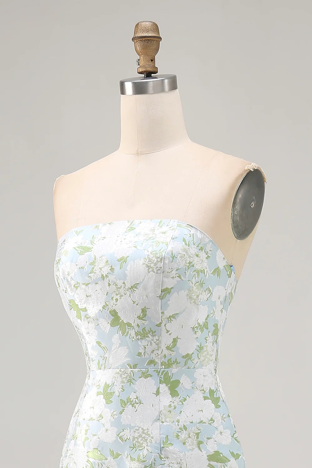 Light Blue Floral Jacquard Strapless Maxi Dress with Back Slit